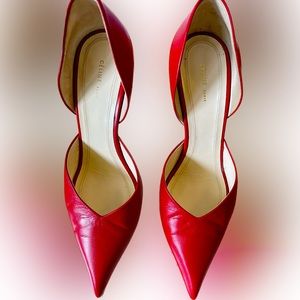 CELINE red leather D’Orsay pumps.